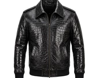 Zwarte heren bomberjack van echt leer met krokodillenprint | Luxe bikerjack met krokodillenprint en ritssluiting | Motorjack van echt leer