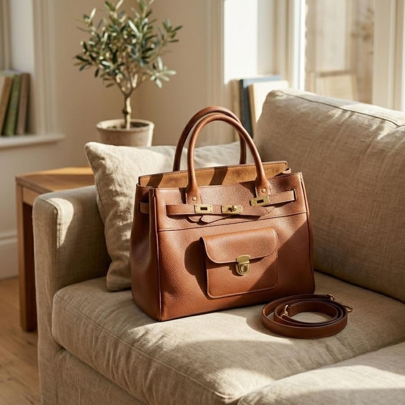 May include: A brown leather handbag with a top handle and a detachable shoulder strap. The bag features a front pocket with a gold-colored clasp and gold-colored hardware. The bag is sitting on a beige sofa.