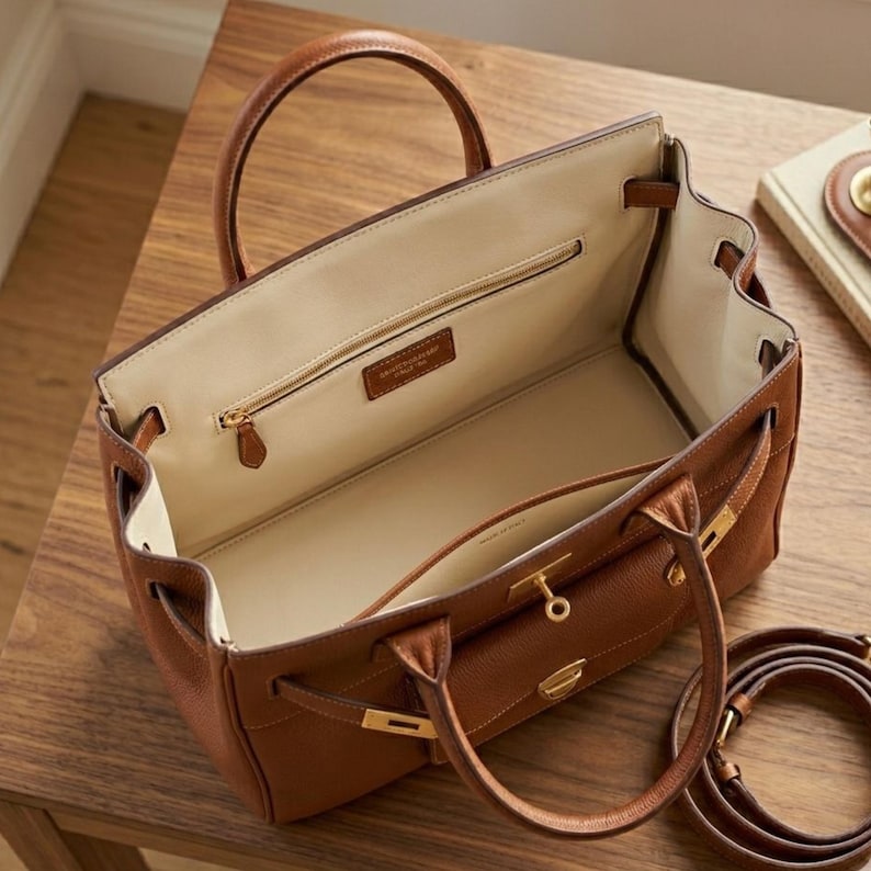 May include: Open brown leather handbag with a cream-colored interior. The bag has two handles, a long strap, and gold-colored hardware. The interior features a zippered pocket and a small leather tag. The bag is sitting on a wooden surface.