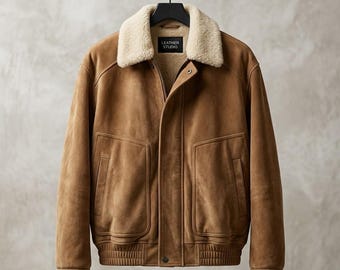 Herenjas van schapenvachtleer, beige suède pilotenbomberjas, schapenvachtkraag, winterjas, op maat gemaakt, handgemaakt cadeau voor hem