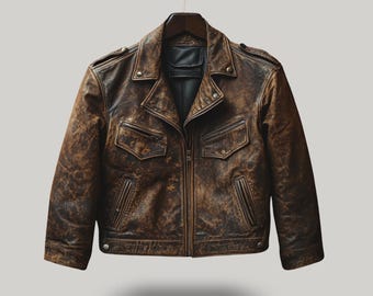 Vintage, verweerde bruine leren herenjas, authentieke leren bikerjas, verweerde motorbomberjas, handgemaakt cadeau voor hem