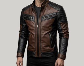 Bruine leren herenjas | Premium handgemaakte leren bikerjas in vintage stijl | Premium bomberjack | Casual streetwear jas