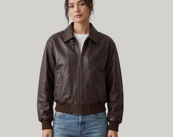 Women Handmade Brown Soft Leather Jacket, Bomber Style, Genuine Leather Jacket, Baggy Leather Jacket, Gift for her, Premium Leather Jacket