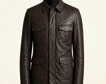 Damesjas van donkerbruin echt leer | Vintage safari-utilityjas met 4 zakken | Slim fit jas met knoopsluiting in Italiaanse stijl