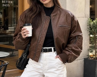 Brown Genuine Leather Jacket for Her — Bomber, Oversized Motorcycle Style, One-of-a-Kind Handcrafted Piece, Vintage Faux Leather Jacket