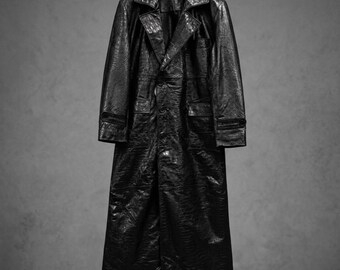Zwarte trenchcoat voor heren van leer met krokodillenprint, lange luxe overjas, dubbelbreasted gothic bikerjack, handgemaakte bovenkleding