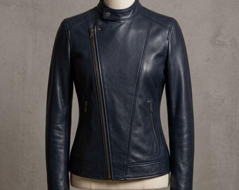 Dames bikerjack van echt lamsleer in marineblauw | Motorjas met asymmetrische ritssluiting | Nauwsluitende, slanke pasvorm | Rijjas met opstaande kraag | Cadeau
