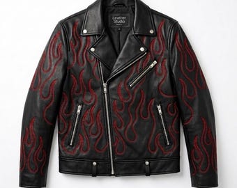 Leren herenjack met vlammenmotief, handgemaakt bikerjack met rode vlammenborduursels, echt leren concertjack, Y2K punk streetwear bovenkleding