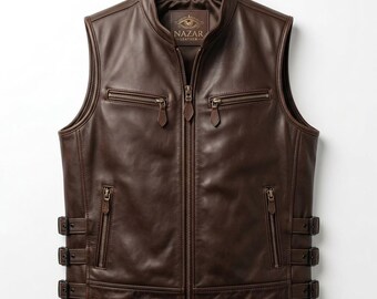 Heren biker vest van echt leer in bruin | Formeel leren vest | Motorrijvest | Klassieke mouwloze jas met rits | Cadeau voor hem