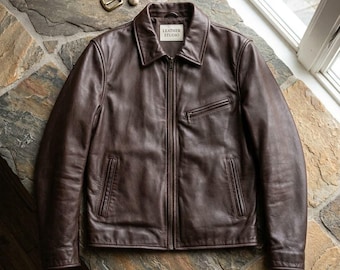 Donkerbruine leren jas voor heren, vintage bikerjack van echt rundleer, klassiek minimalistisch leren jack, casual bomberjack, leren cadeau voor hem