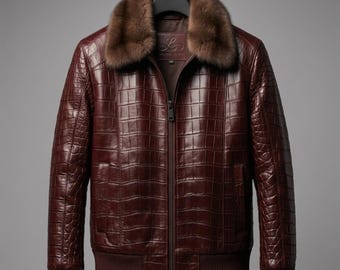Herenjas van bordeauxrood leer met krokodillenprint | Echt leren jas | Luxe jas met krokodillenstructuur en ritssluiting | Premium handgemaakt cadeau voor mannen
