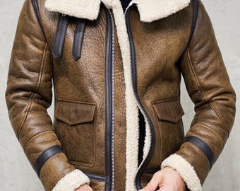 Handmade Men Shearling B3 Bomber Jacket, Distressed Brown Leather Flight Jacket, Mens Warm Winter Fur Coat, Genuine Leather Aviator Jacket