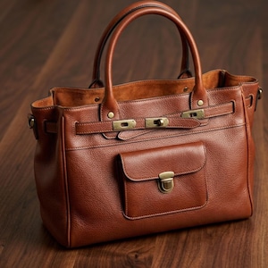 May include: A brown leather handbag with a top handle and a front pocket. The bag features a flap closure with a metal clasp and decorative metal hardware. The bag is sitting on a wooden surface.