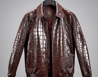 Veste en cuir marron à motif crocodile pour homme | Veste en cuir véritable | Veste zippée de luxe à effet crocodile | Cadeau haut de gamme fait main pour homme