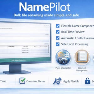May include: A computer monitor displays the NamePilot software interface, showcasing its features for bulk file renaming. The image highlights options for photo organization, document management, and media library. Text includes "Save Time" and "Consistent Names."