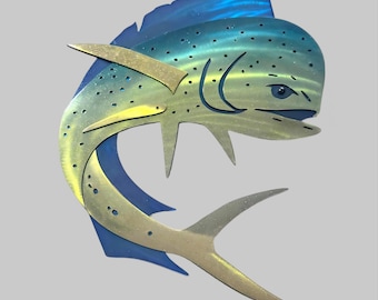 Mahi-Mahi Warm Seas Wanderers: marine life dolphin fish jumping nautical art sign vibrant iridescent colors decor electrostatic powder coat