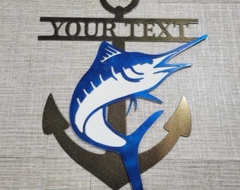 Blue Marlin with Anchor - metal art, sign, beach house