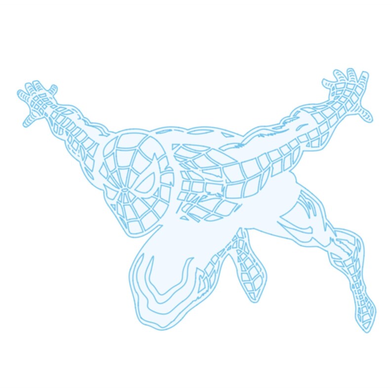 May include: A light blue outline of Spider-Man in a dynamic pose, with arms outstretched and legs bent. The character's costume features a web-like pattern across the body and mask, set against a white background.
