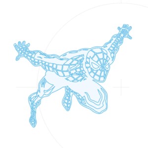 May include: A light blue line drawing of Spider-Man in a dynamic pose, with arms outstretched and legs bent. The superhero is depicted in a classic web-like pattern, set against a white background.