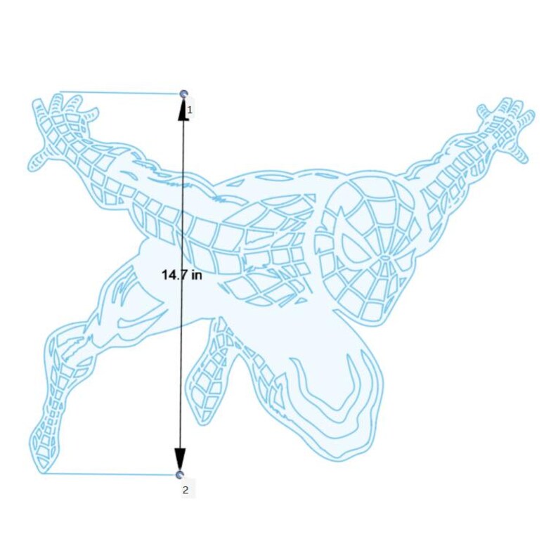 May include: A light blue outline of Spider-Man in a dynamic pose, arms outstretched. The image is 14.7 inches tall. The character's costume details are visible, including the web pattern. The image is on a white background.