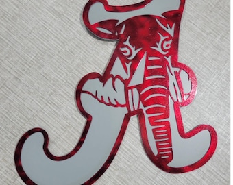 Alabama AL the Elephant: wall art hanging candy red and gray metal sign big decor electrostatic powder coat front porch garage man cave