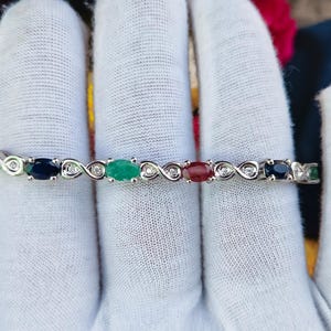 Natural Blue Sapphire, Ruby, Emerald Oval Cut Bracelet 925 Sterling Silver