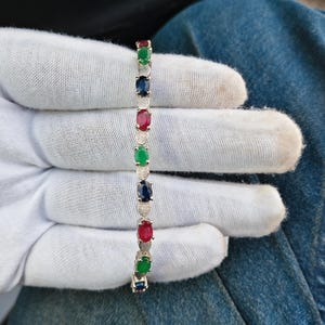Natural Blue Sapphire, Ruby, Emerald Oval Cut Bracelet 925 Sterling Silver