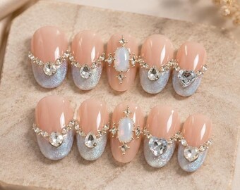 Custom Fit Press On Nails, Handmade Blue Cat Eye Almond Nails, Nude Short Oval Nail Set with Rhinestones, Made to Order Manicure