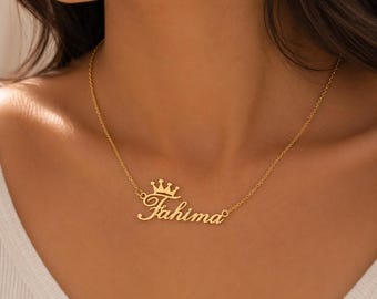 Benutzerdefinierte Namenskette mit Kronen-Anhänger, personalisierte Gold-Namenskette, 18K vergoldetes Edelstahl-Geschenk für Frauen