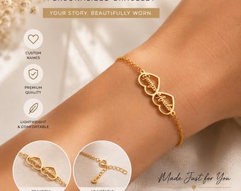 Custom Couples Bracelet with 2 Names, Personalized Heart Name Bracelet, Matching Anniversary Gift for Girlfriend Boyfriend, Stainless Steel
