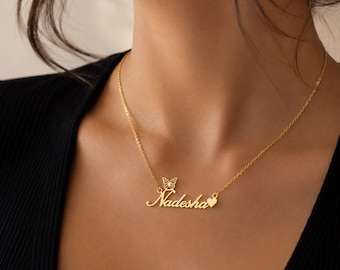 Personalisierte Namenskette mit Krone, Herz oder Schmetterling Anhänger - Benutzerdefinierte Edelstahl Schmuck Geschenk für Sie