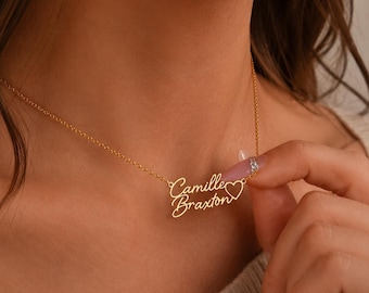 Personalisierte Doppelnamenskette | Goldener Herzanhänger mit zwei Namen | Individueller Partnerschmuck, Geschenk für sie, Mutter, Ehefrau, Jahrestag