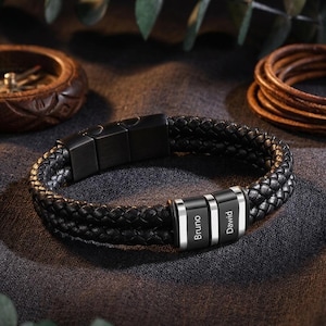 Personalized Men’s Braided Leather Bracelet with Kids Names Beads, Custom Dad Bracelet Gift, Husband Father’s Day Jewelry 7-9 Inch