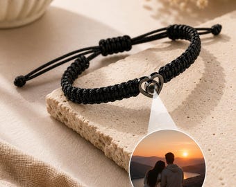 Fotoprojektionsarmband | Personalisierter Herzanhänger mit Ihrem Foto | Geflochtenes Partnerarmband | Jahrestagsgeschenk für Sie und Ihn