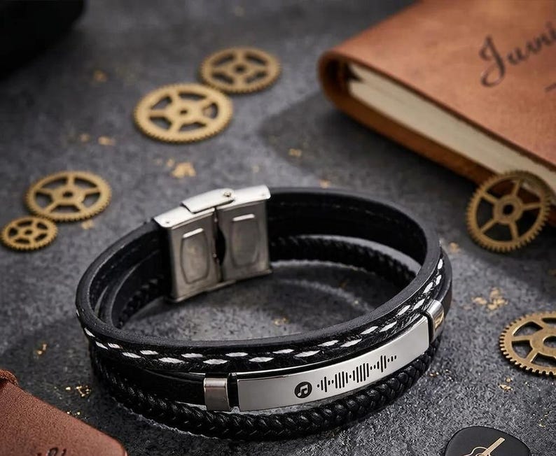 Personalized brown leather bracelet with custom music code engraving for Father’s Day