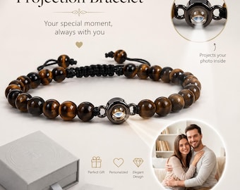 Benutzerdefinierte Fotoprojektionsarmband, verstecktes Bild Charme, Tigerauge Perlenarmband, Erinnerungsstück, Erinnerungsgeschenk, Geburtstagsgeschenk für ihn