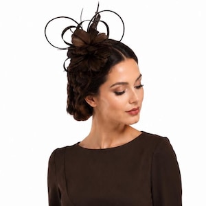 Peut inclure: Une coiffe fascinator marron foncé composée d'un amas central de plumes en forme de fleur, entouré de fines boucles en fil métallique courbé. L'accessoire est placé sur le côté de la tête, présentant une teinte marron et une structure complexe.