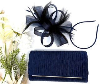 Navy Fascinator Hat and Clutch Bag Set for Weddings Races Royal Ascot Satin