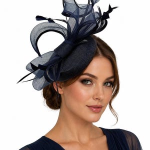 Navy & Cream Feather Fascinator Hat – Derby, Wedding, or Garden Party Elegance Navy Cream Fascinator - Etsy main image 4