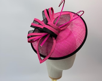 New Fuchsia Black Fascinator Headband with Feathers Royal Ascot Kentucky Derby Weddings Round Hat
