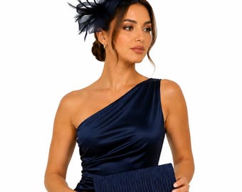 Navy Fascinator-Hut und Clutch Tasche Set für Hochzeiten Rassen Royal Ascot Satin