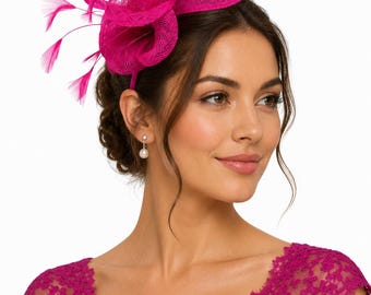 New fuchsia flower fascinator headband with feathers