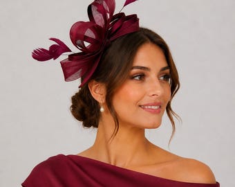 Burgundy Red Fascinator Hat Weddings Races Royal Ascot Kentucky Derby Bow Headband Clip