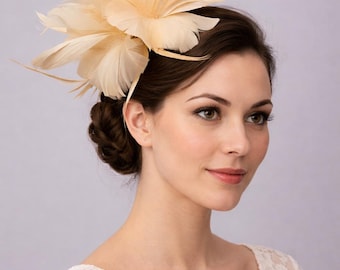 New Beige Feather Fascinator Headband Royal Ascot Kentucky Derby Weddings Round Hat