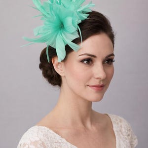 Peut inclure: Une femme porte un fascinateur de plumes vert menthe. La coiffe est un groupe de plumes, ajoutant une touche d'élégance. Elle porte une robe en dentelle blanche et ses cheveux bruns sont coiffés en chignon. Le fond est gris clair.