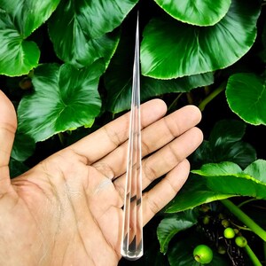 Könnte beinhalten: Ein klarer, länglicher Kristallstab mit einer Spitze. Der Stab wird in einer offenen Hand vor einem Hintergrund aus üppigen grünen Blättern gehalten. Der Kristall ist transparent und reflektiert das Licht.
