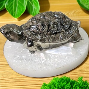 May include: A detailed, dark gray turtle figurine with a textured shell, resting on a white, oval-shaped base. The figurine has visible legs, a head, and a tail. The base appears to be made of a crystalline material.