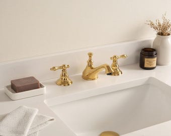 Unlacquered Brass Widespread Bathroom Faucet Cross Handle Vanity Sink Faucet 3 Hole Vintage Brass Tap