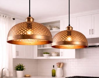 Set of 2 Handmade Moroccan Copper Pendant Light, Rustic Kitchen Island Lamp, Boho Farmhouse Ceiling Lighting
