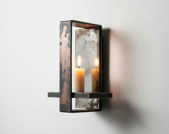 Handcrafted Copper Wall Candle Sconce, Geometric Industrial Wall Lighting, Rustic Modern Metal Decor, Minimalist Patina Candle Holder